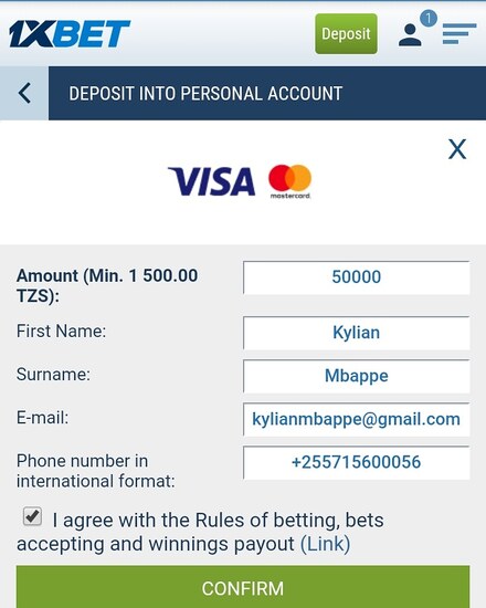 1xbet TZ deposit by Visa