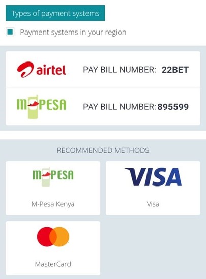 22bet Kenya payment methods