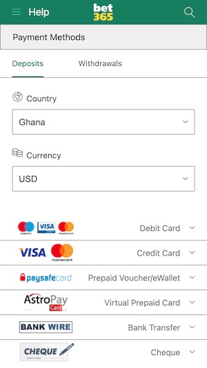 Payment methods bet365 Ghana
