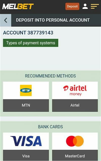 melbet zambia deposit options screen
