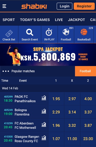 Shabiki mobile homepage showing the supa jackpot banner